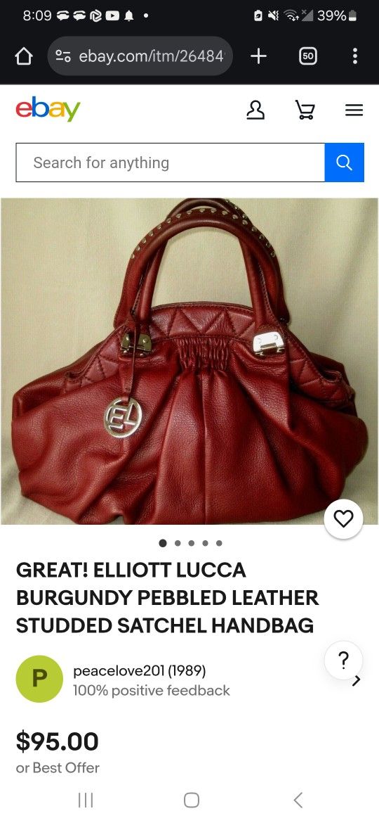 GREAT! ELLIOTT LUCCA BURGUNDY PEBBLED LEATHER STUDDED SATCHEL HANDBAG