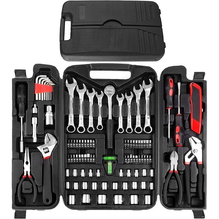 95 Piece Tool Set, Tool Kit, Mechanics Tool Set, Portable Toolbox with Adjustable Wrench Pliers Socket Bits, with Plastic Toolbox Storage Case, for Ho