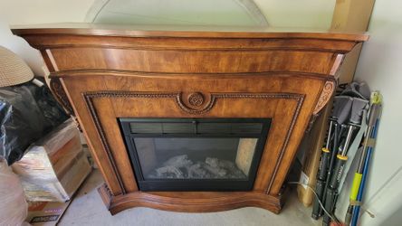 Electric Fireplace with Carved Wood Mantel – Heater + Flame Effec