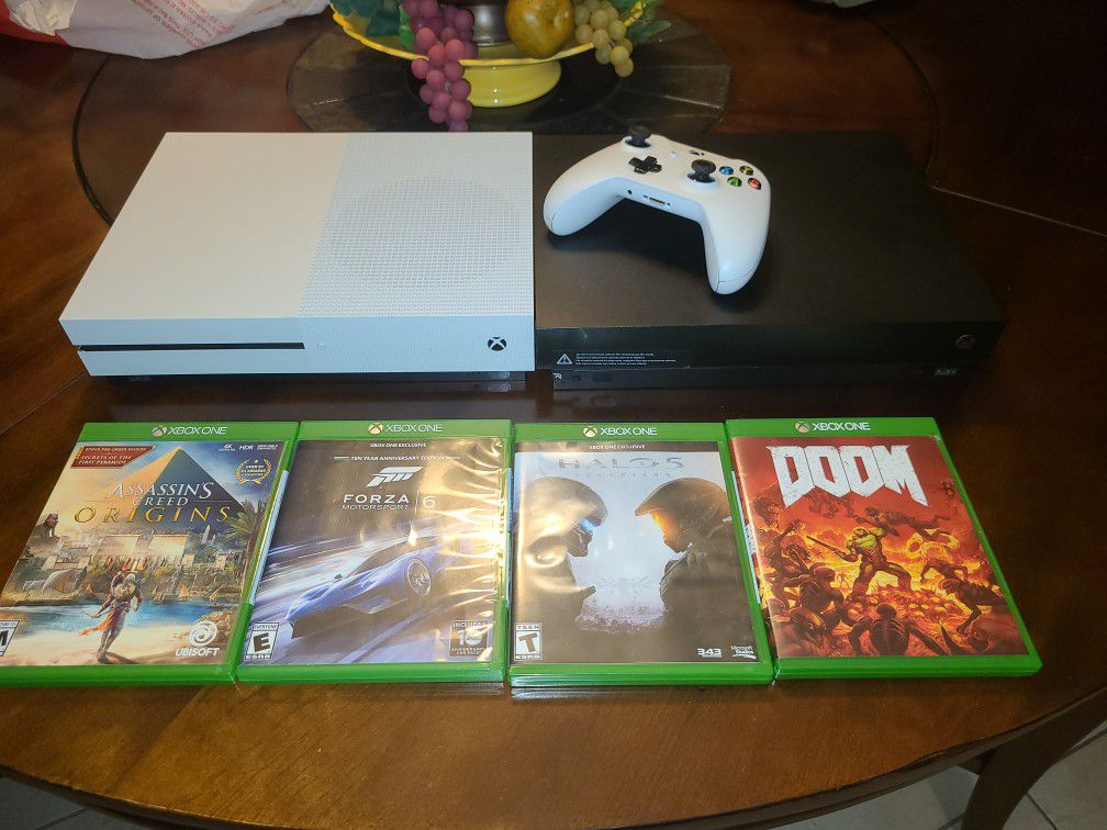 1TB Xbox One S and 1TB Xbox One X COMBO with 4 games and a controller, plus cables!