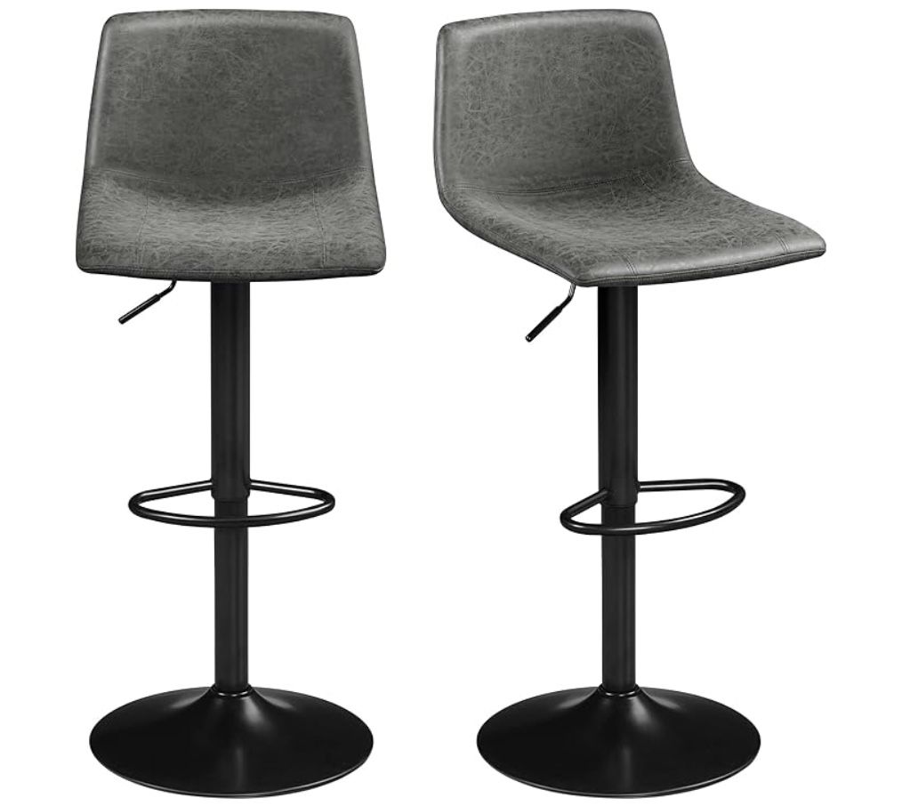 Set of 2 Gray Adjustable Swivel Bar Stools with Back & Footrest