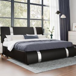 King Size Modern Black Faux Leather Bed Frame 