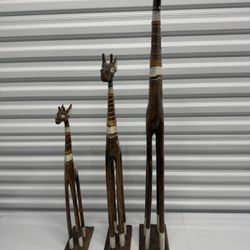 Set of 3 Hand Carved Wooden Giraffe Sculptures African Safari Decor