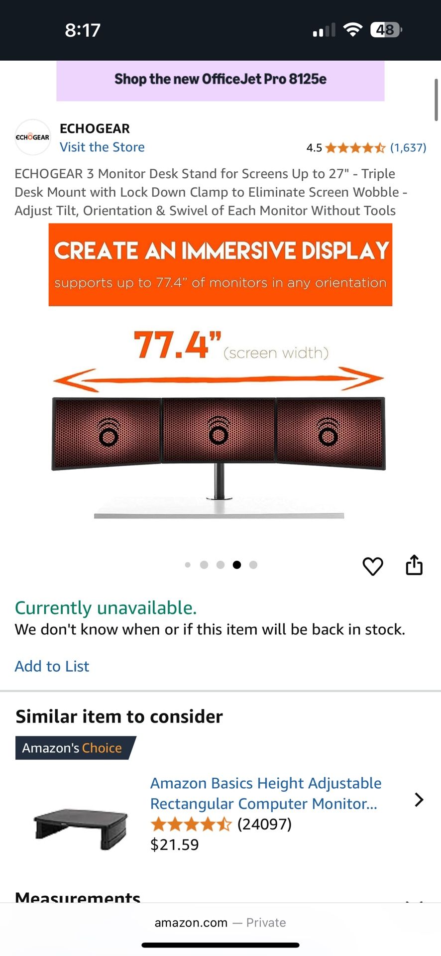 ECHOGEAR 3 Monitor Desk Stand for Screens Up to 27 inches