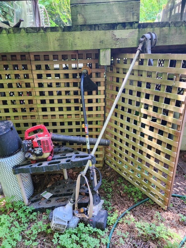 Leaf Blower, 2 Weed Eaters (condition unknown)