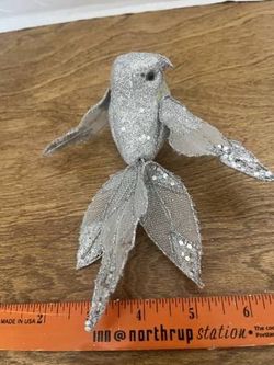 Clip On Silver Glitter Bird Ornament with Mesh Sequined Wings