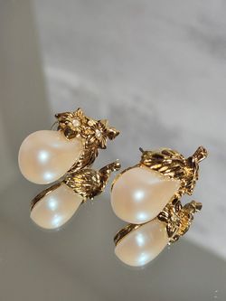 Vintage Avon Precious Pear Pierced Earrings - Goldtone, Faux Pearl, Rhinestone