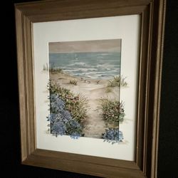 Joy Waldman “Sandpipers” Beach scene, watercolor print in gold frame