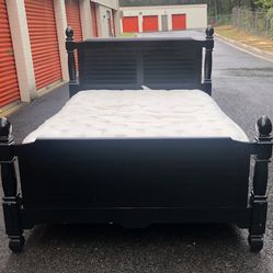 Quality Black Solid Wood Queen Size Bed, Headbord, Footboard, Rails, Mattress And Boxspring Great Condition