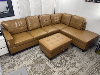 Beautiful Brown Faux Leather Sectional W/ Ottoman