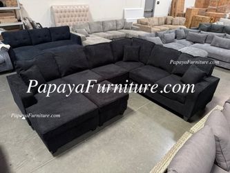 NEW Large U Shape Black Fabric Sectional Sofa and Reversible Chaise Ottoman Set Ashley Style BIG Couch SALE Sleeper combine to Bed Dark Grey Discount