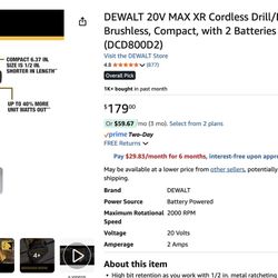 Dewalt 20V Max XR Drill/Driver (DCD800) NEW