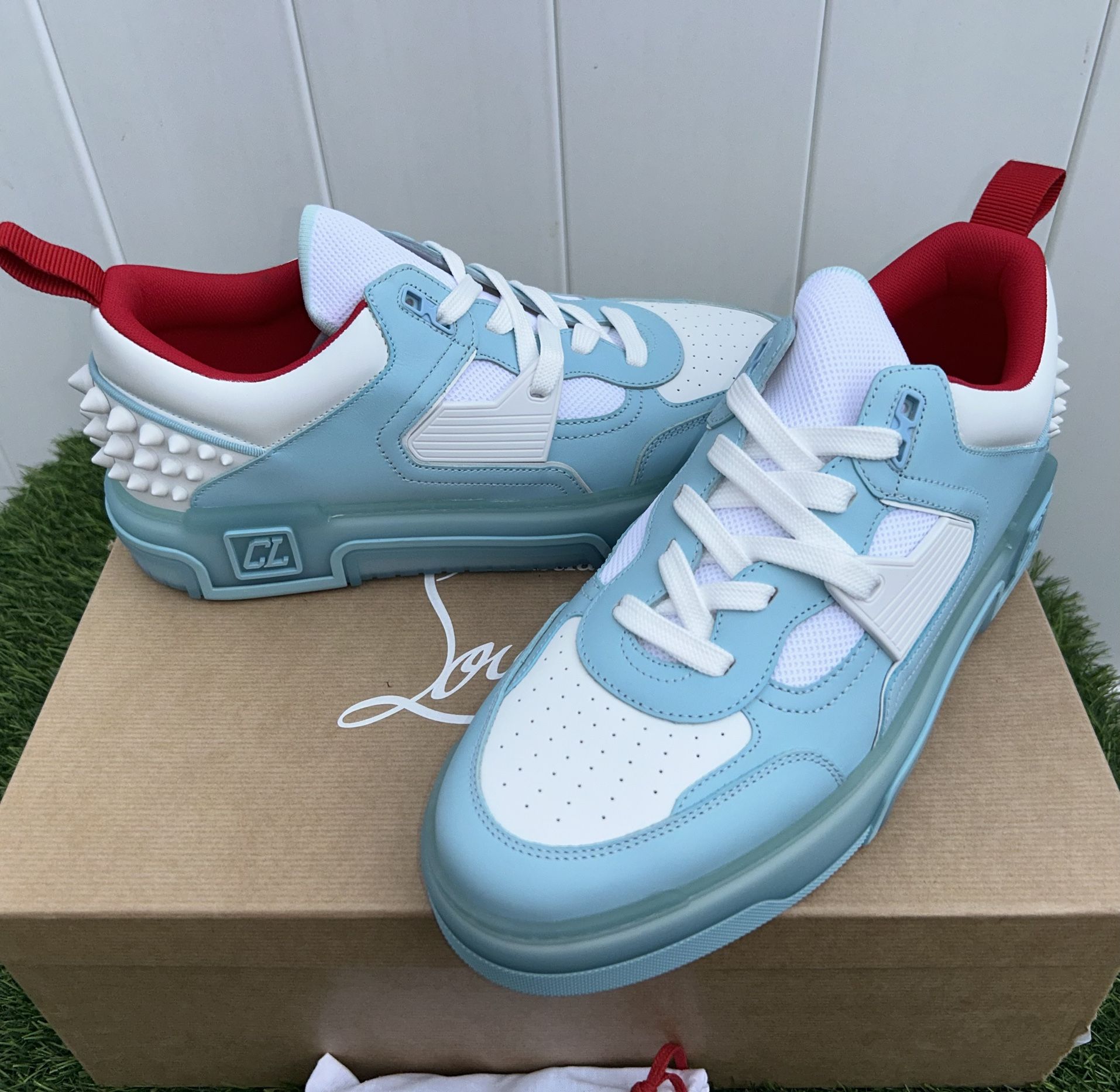 CHRISTIAN LOUBOUTIN ASTROLOUBI SNEAKERS BLUE/WHITE LEATHER LOGO SPIKES 43 NEW! 