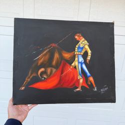 Painting Vintage MCM Black Signed Canvas Matador Bull Fighting Mexico 60s
