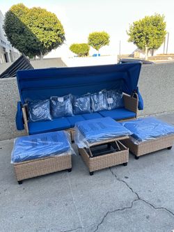 Outdoor Wicker Sofa Set with Canopy and Ottomans