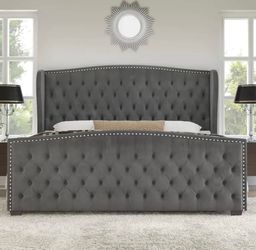 Brand new gray king bed ( mattress sold separately)