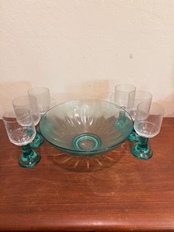 Green Strahl Bowl and 6 Goblets Set