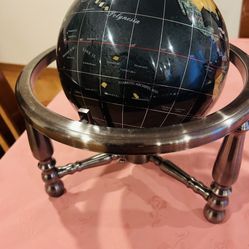 14"  Round with overhang The actual GLOBE size is 9.25" BLACK Ocean ,Silver Tone ,Tripod Legs Gemstones, Lapis, Precious Gems  World GLOBE Spins and M