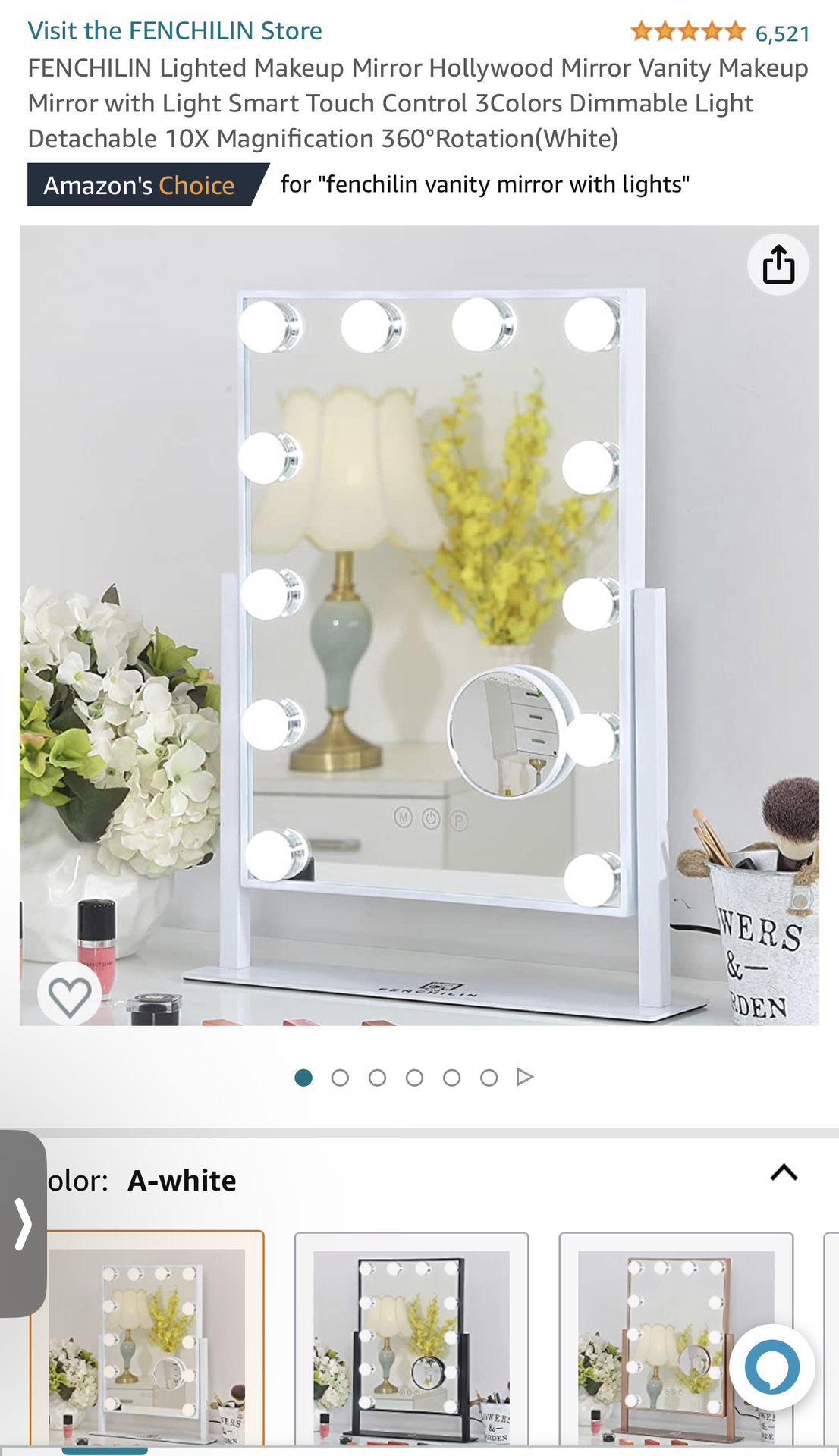 FENCHILIN Lighted Makeup Mirror Hollywood Mirror Vanity Makeup Mirror with Light Smart Touch Control 3Colors Dimmable Light Detachable 10X Magnificati