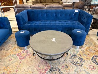 Mesmer Channel Navy Blue Velvet Tufted Button Sofa