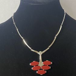 Vintage Sarah Coventry Red Cabochon Silver Tone Necklace 
