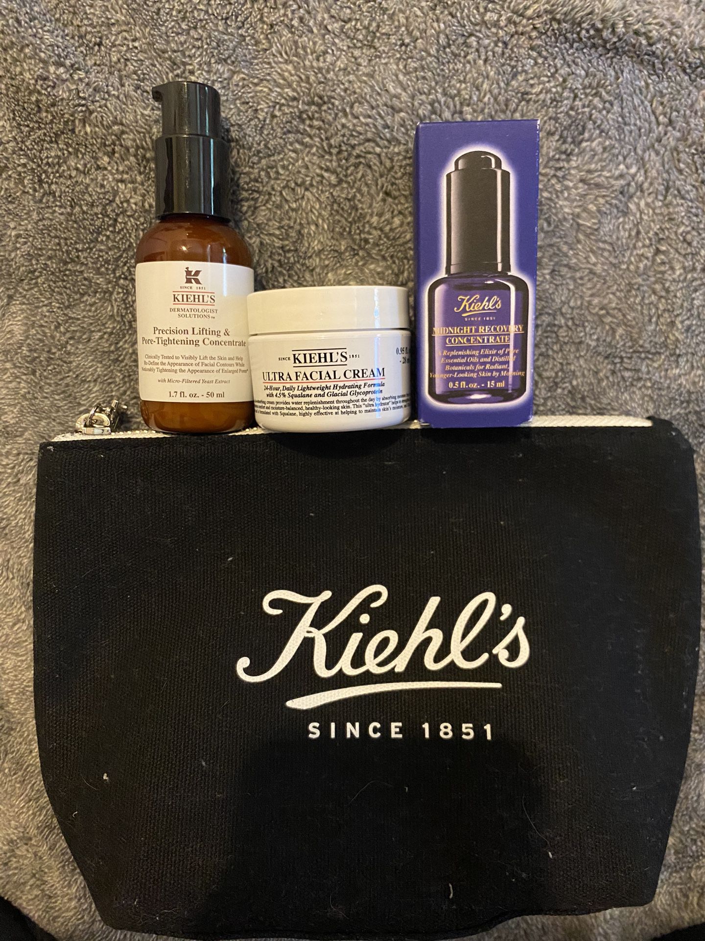 Kiehl’s Bag, Pore Lifting And Tightening Concentrate, Midnight Recovery Concentrate, & Ultra Facial Cream 