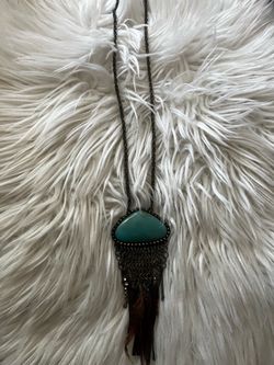 Turquoise Stone Pendant Necklace with Feather Fringe