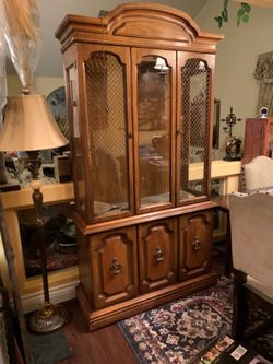 Vintage Wood China Cabinet with Glass Doors