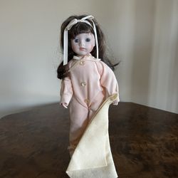 Porcelain Doll - Brunette In Pajamas w/ Blanket 