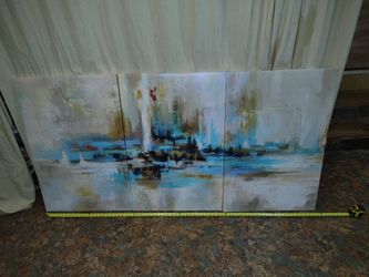 Large 3-Panel Abstract Canvas Wall Art Set — Blue, Gray & White (72" x 36")
