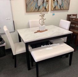 Cute! 5-pc dining table set white faux marble table top
