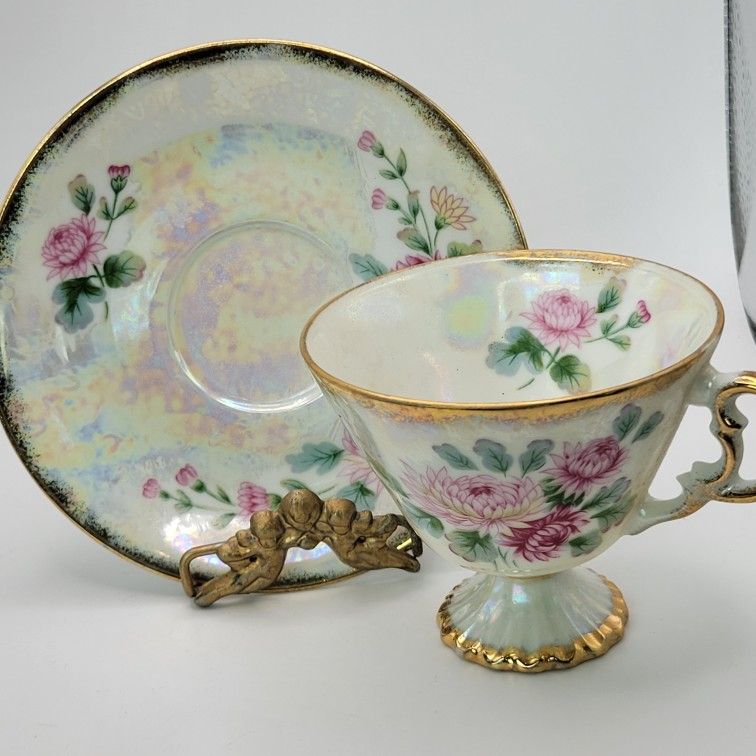 Vintage Norleans Iridescent Cup & Saucer November Chrysanthemum Gold Gilt