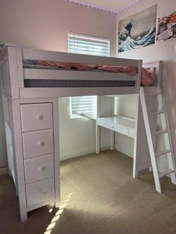 White Twin Loft Bed with desk, drawers and shelves