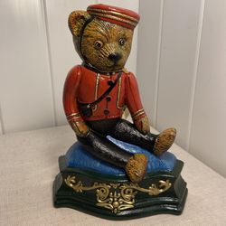 Vintage Cast Iron Door Stop Teddy Bear in Bell Hop outfit C S Wright Studios 90s