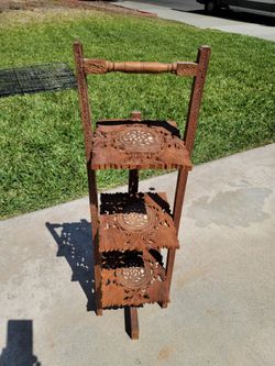Vintage Carved & Inlaid Wood 3 Tier Folding Cake/pie/plant Stand
