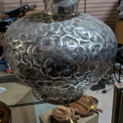 Vintage Hand Engraved Silver Tone Floral Metal Vase Decorative Home Accent Art
