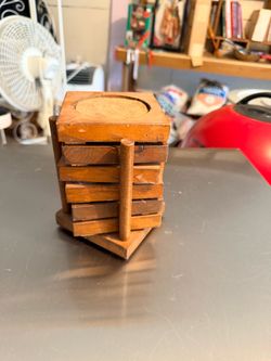 Vintage Wooden & Cork Coaster Set with Holder – $15