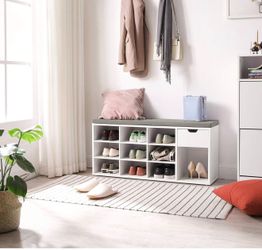 Storage Bench, Entryway Bench with Cushion, Drawer and Open Compartments, Bench with Storage, Living Room, Bedroom, Closet, White and Gray ULHS24WT