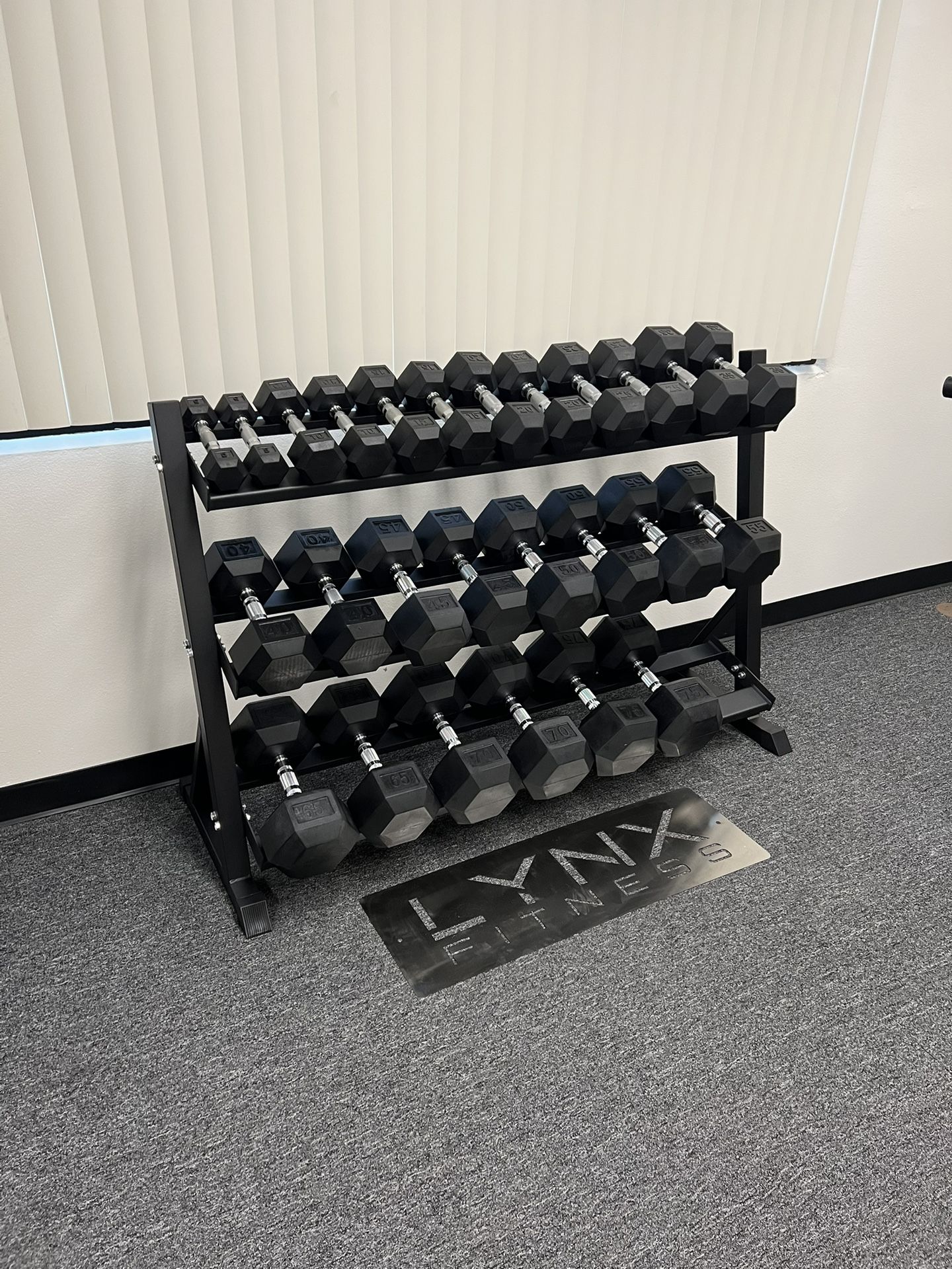 (New In Box) 5-75lb Rubber Hex Dumbbells With 3 Tier Dumbbell Rack Weights Home Gym Fitness Workout