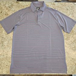 NEW MENS FOOTJOY STRETCH LISLE PENCIL STRIPE POLO GOLF SHIRT, NAVY/CORAL, LARGE