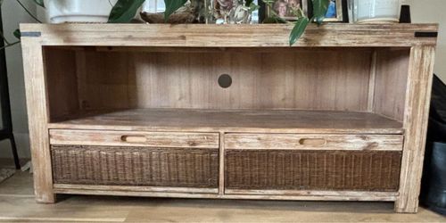 Rustic Wood TV Stand with Wicker Drawers
