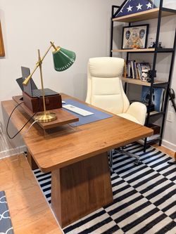 MCM Walnut Wood Executive Desk w/ Riser, Lamp, and Chair