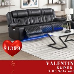 2 PC POWER RECLINER SOFA AND LOVESEAT WITH LED LIGHTS AND SPEAKERS 