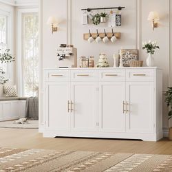 60" Large Buffet Sideboard with Storage, 36" Tall Kitchen Buffet Storage Cabinet with 4 Drawers, Modern Coffee Bar Cabinet with Gold Handle
