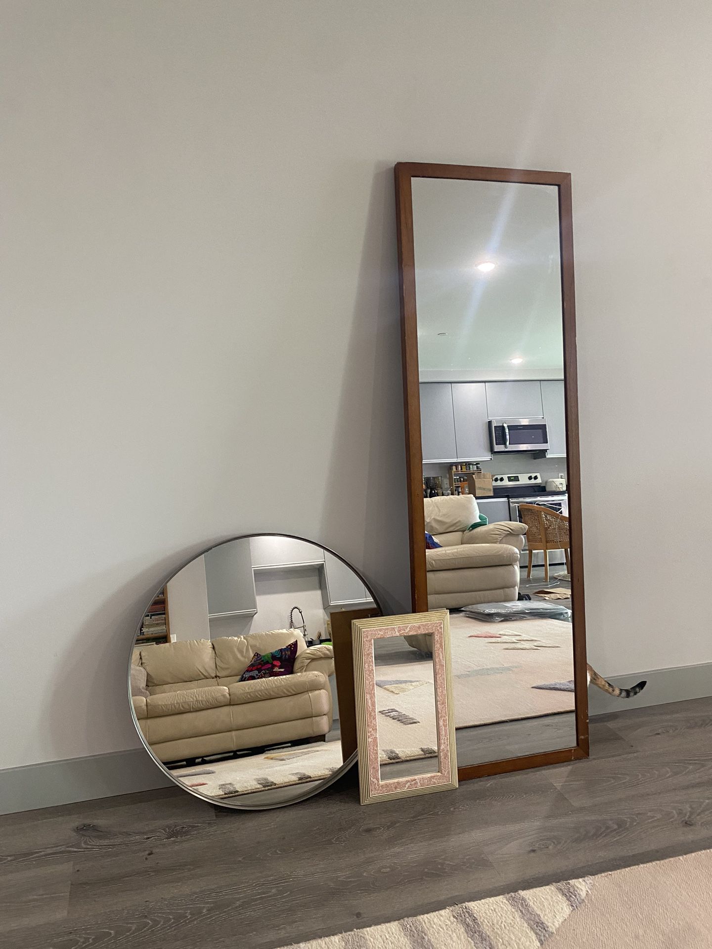 MUST GO BY SUN 5/26 • 3 mirrors - tall Standing brown wood, heavy metal circle ikea, 90s postmodern pink marble rectangle Vintage