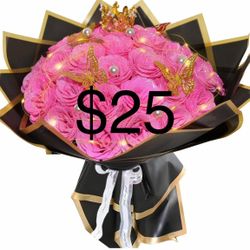 Pink Glitter Roses Bouquet, 36 Pcs Shiny Glitter Flowers Bouquet, Everlasting DIY Artificial Roses Bouquet for Christmas, Birthday, Anniversary, Weddi