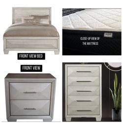 BUNDLE Off White Bedroom Set - Bed, Dresser, Night Table & Mattress