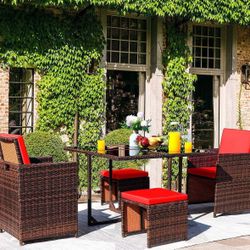 New 5 Pieces Patio Sets Outdoor Wicker Conversation Sets Rattan Chairs with Ottomans and Tempered Glass Table  New in box LCRF2C2F7, LCRF2T  Sit down 