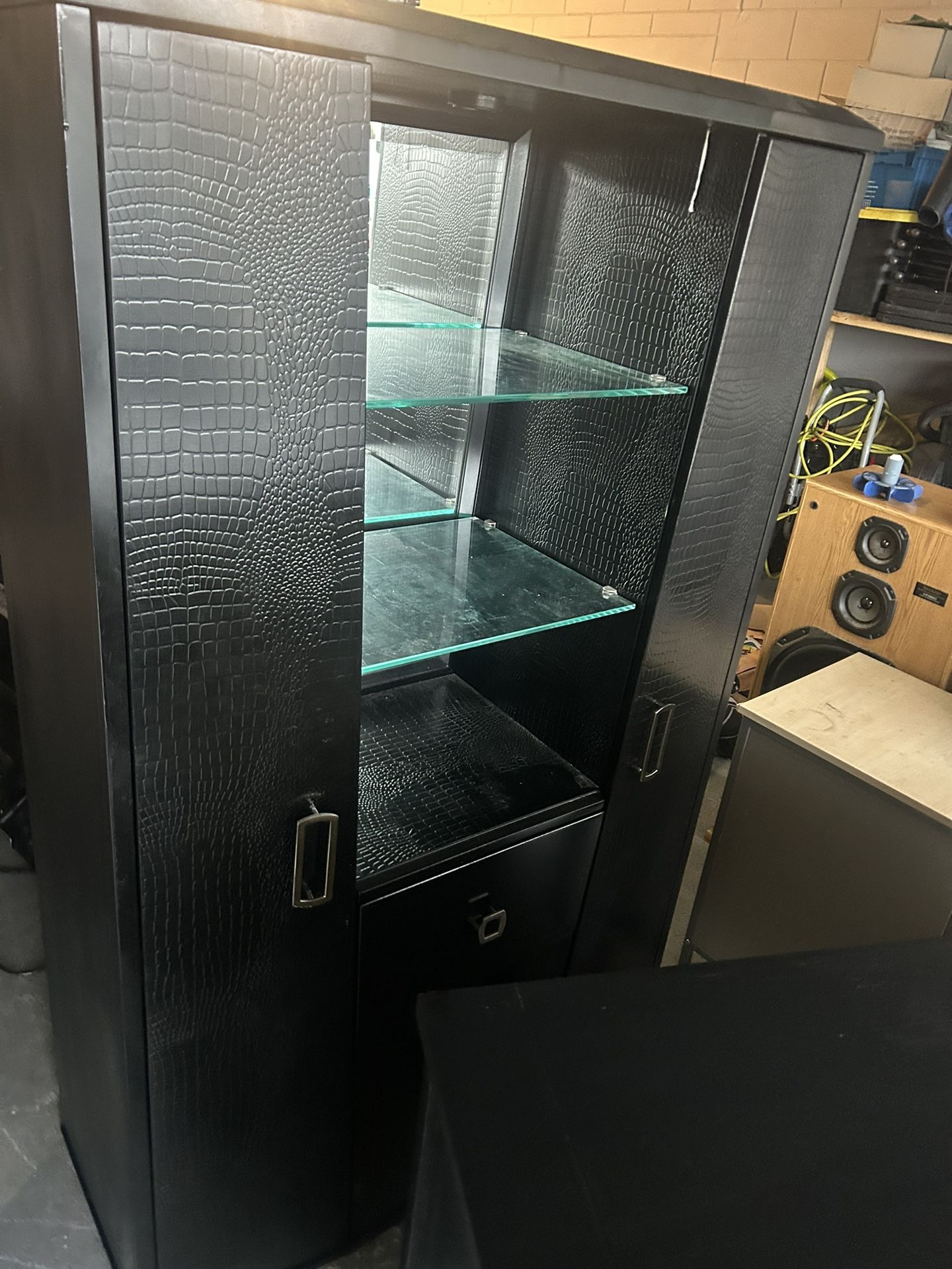 69/41/16 Beautiful Black Dresser With 3 Glass Shelves And Light Also Two Doors With 12 Shelves