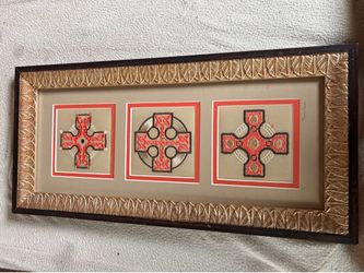 Jane Good Hand-Embroidered Celtic Cross Triptych Framed Art